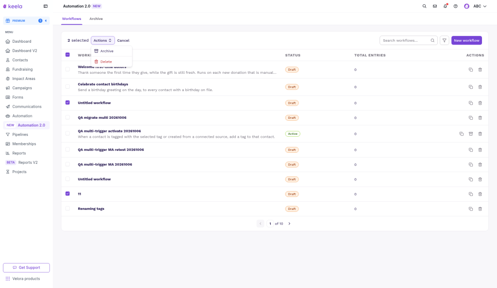 Bulk actions: Archive and Delete
