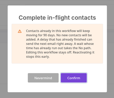 The Complete in-flight contacts confirmation message, with Nevermind and Confirm buttons.